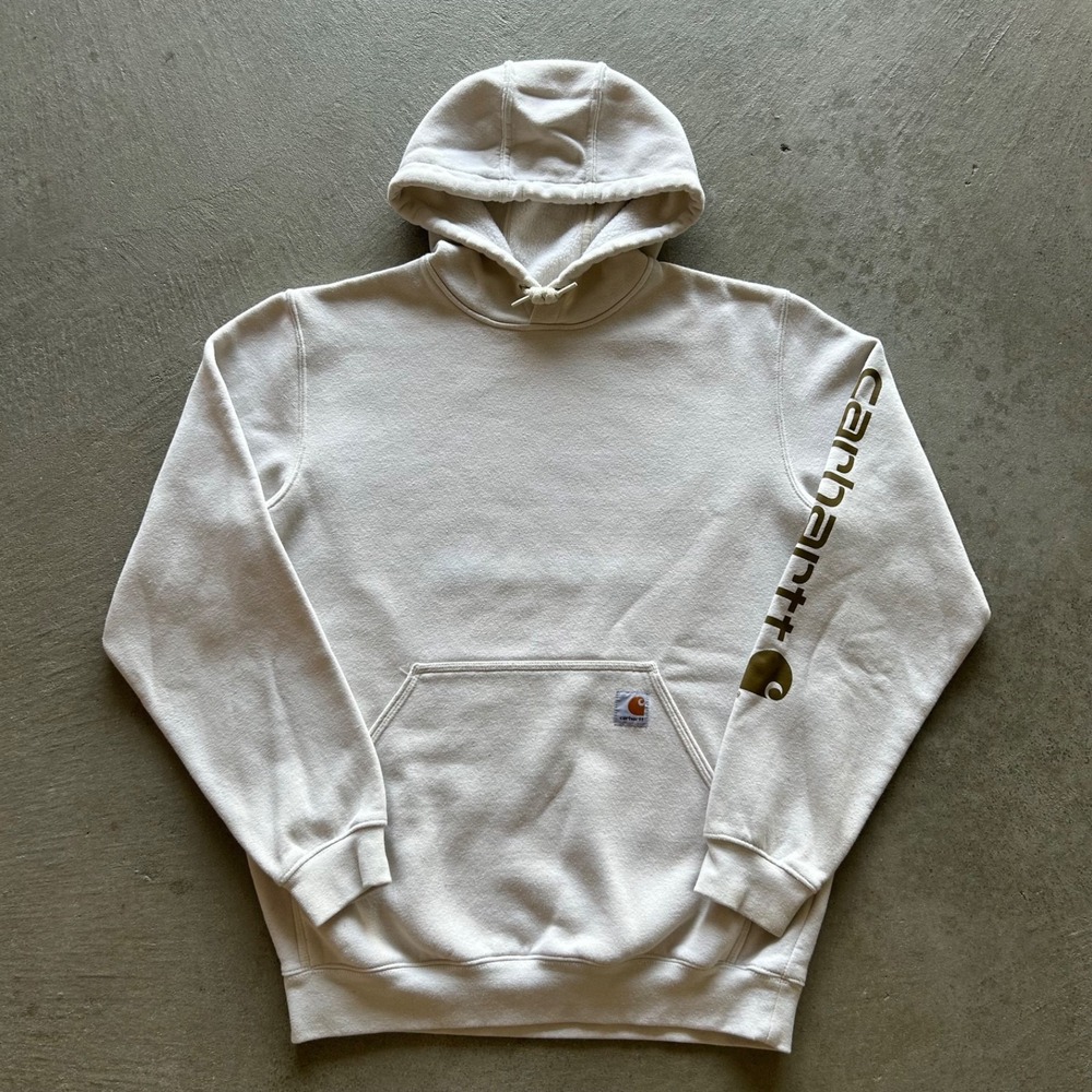 Carhartt Sweatshirt Size Medium Cream Beige Loose Fit Hoodie Logo Pullover